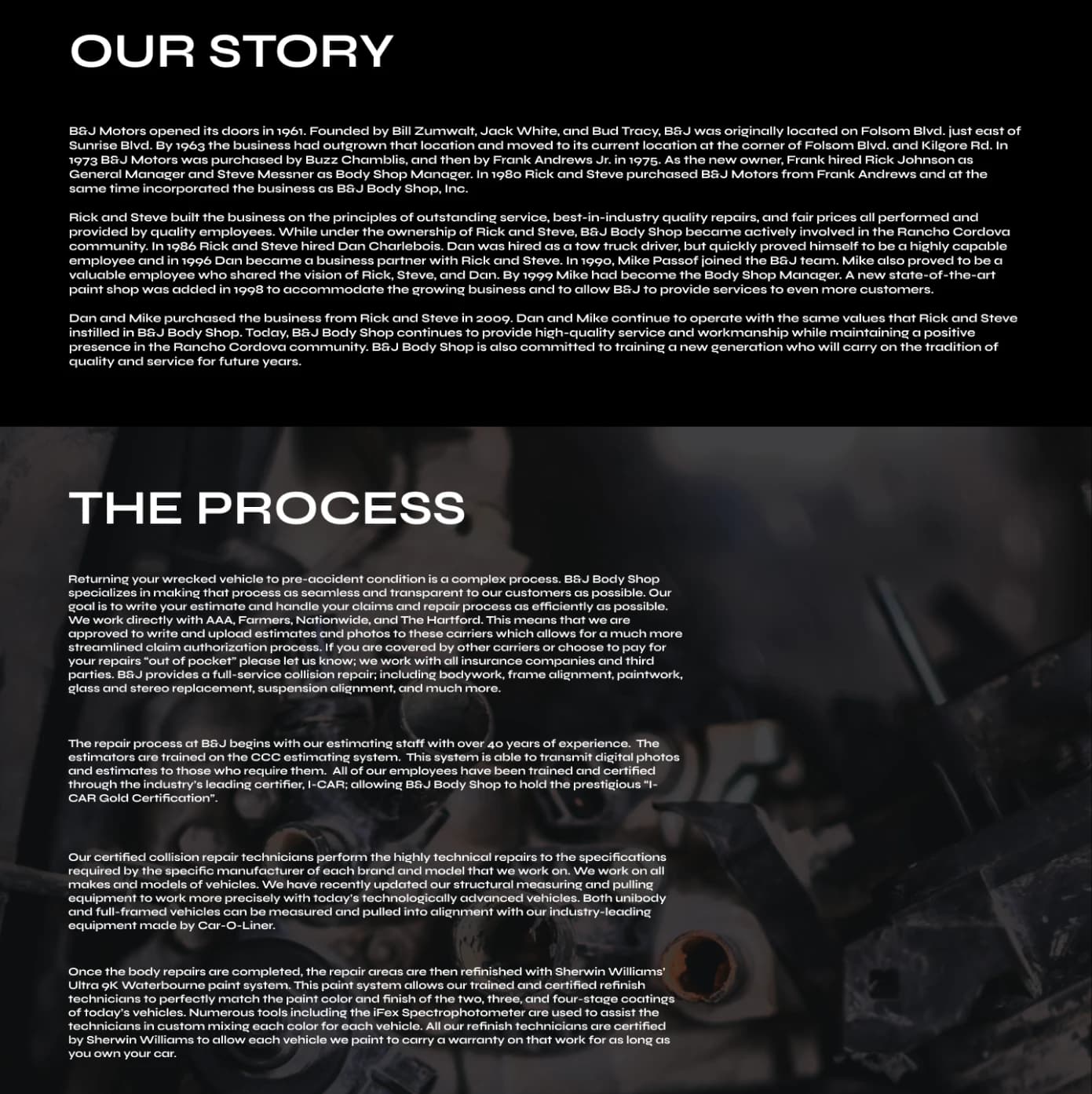 b&j body shop about section screenshot