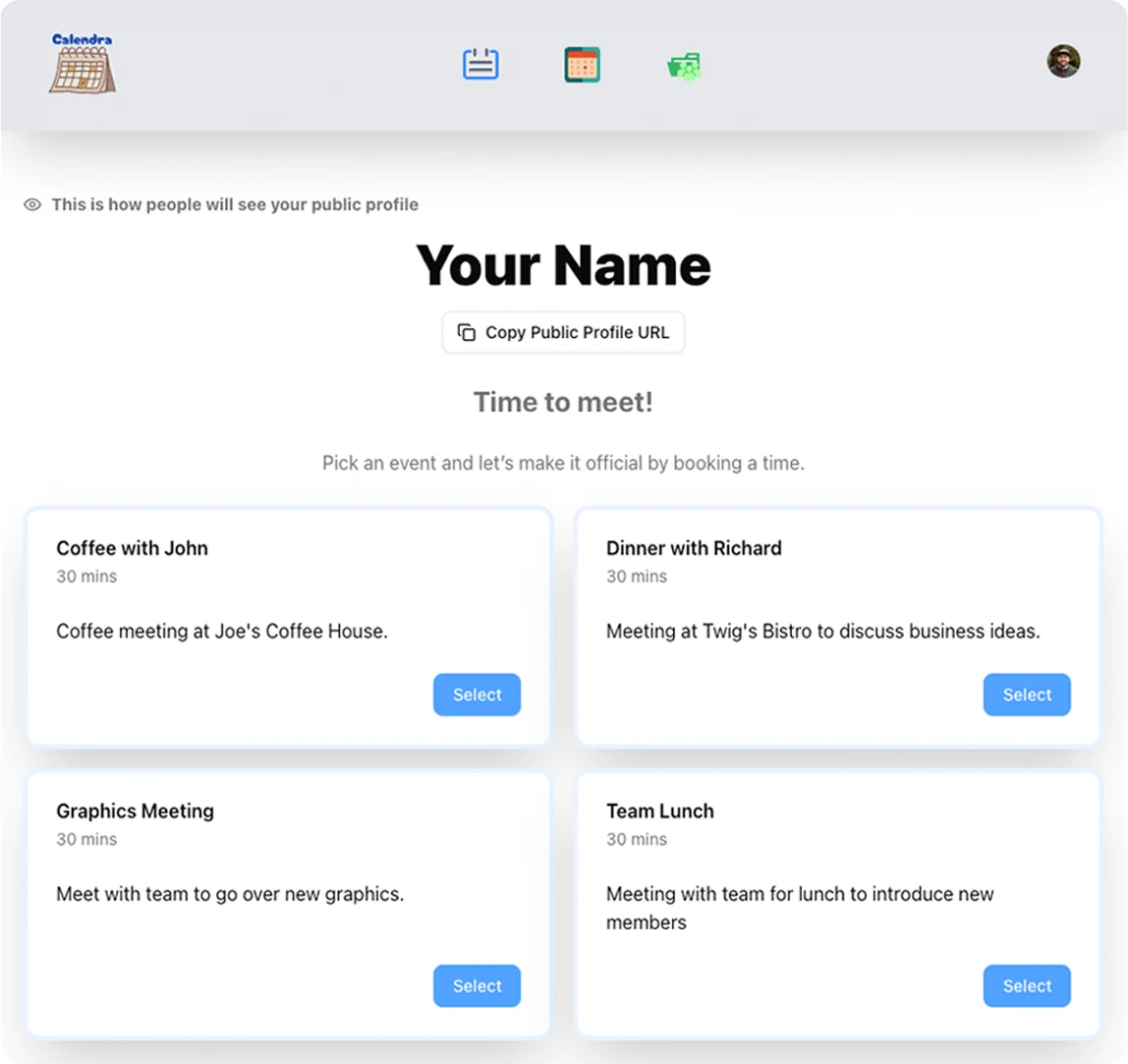 calendra public profile page