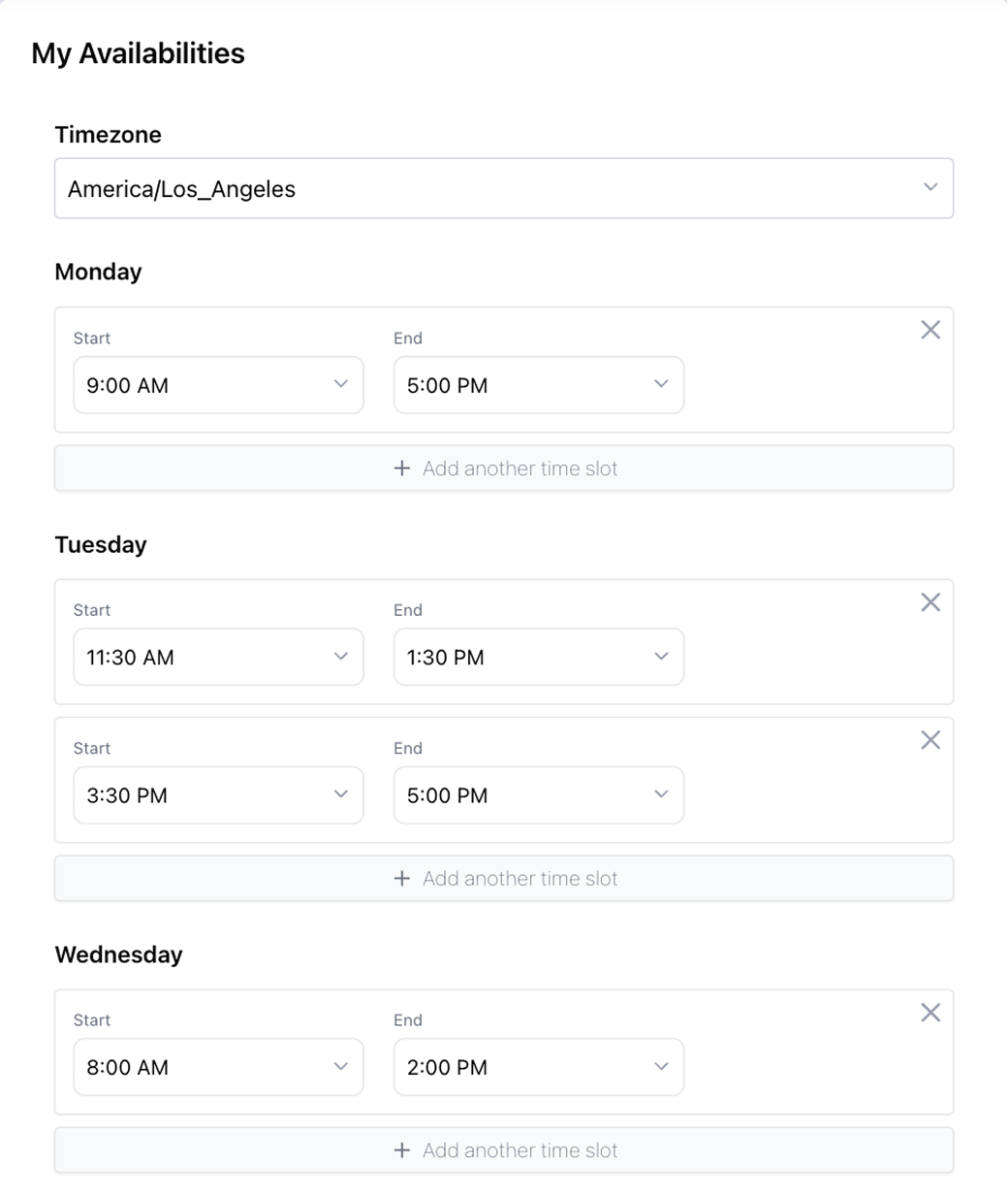 example of error handling featuring a red ring around two empty time slots, indicating that the form cannot be saved without first putting in availability times.