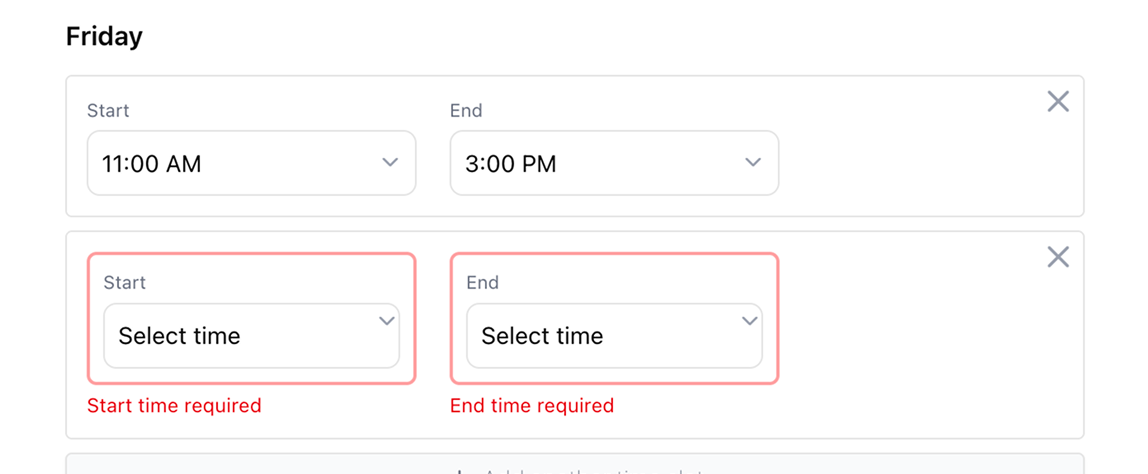 example of error handling featuring a red ring around two empty time slots, indicating that the form cannot be saved without first putting in availability times.