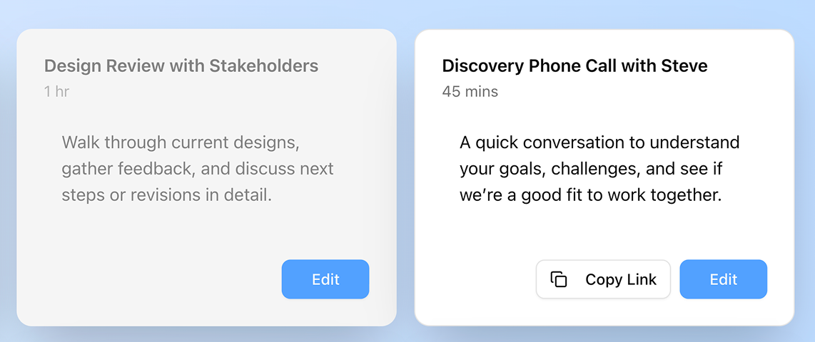 example of visibility cues, featuring two event cards with one of the cards grayed out, indicating that card is a private event and not a public one.